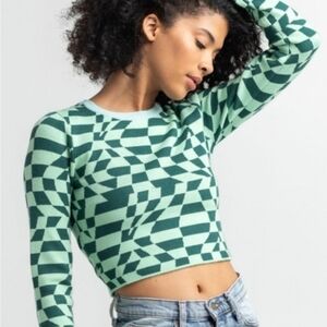 RSQ Tilly's Wavy Geometric Cropped Long Sleeve Sweater - Green, size Small